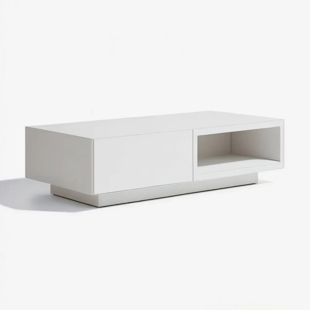 Biały stolik kawowy MDF z zamkniętym schowkiem i otwartą wnęką 120 x 60 x 35 cm