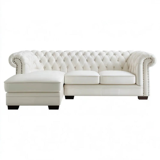 Biała sofa narożna Chesterfield z lewym szezlongiem, ekoskóra PU, 260 x 160 x 75 cm