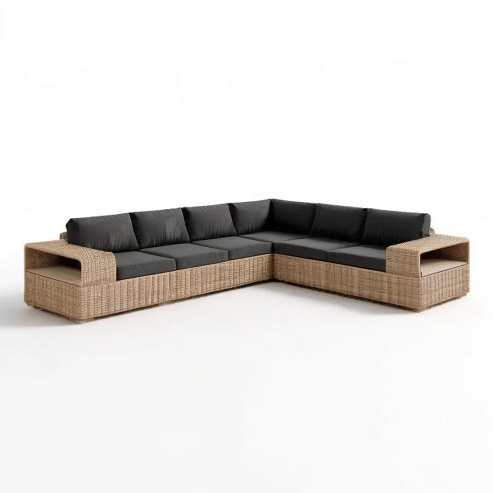 Narożna sofa ogrodowa z technorattanu PE, beżowo-czarna, 300 × 220 × 78 × 68 cm