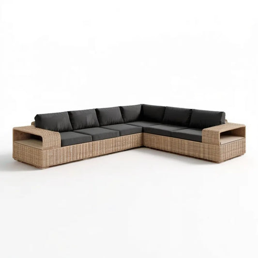 Narożna sofa ogrodowa z technorattanu PE, beżowo-czarna, 300 × 220 × 78 × 68 cm