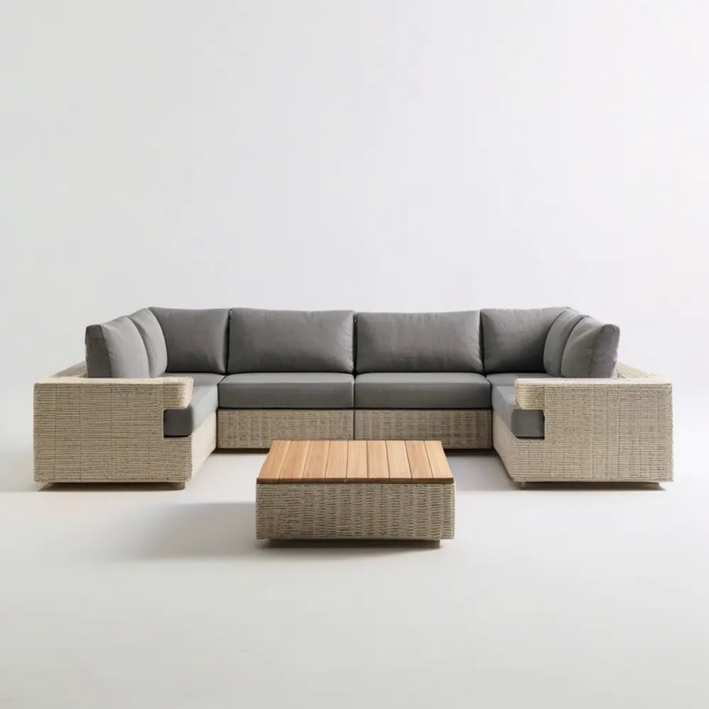 Ogrodowy zestaw wypoczynkowy z technorattanu PE, sofa 260 × 75 × 70 cm i stolik 80 × 60 × 35 cm, szaro-beżowy