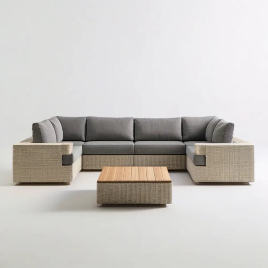 Ogrodowy zestaw wypoczynkowy z technorattanu PE, sofa 260 × 75 × 70 cm i stolik 80 × 60 × 35 cm, szaro-beżowy