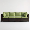 Modułowa sofa ogrodowa 4-osobowa z technorattanu PE, ciemnobrązowa z zielonymi poduszkami, 280 x 70 x 85 cm