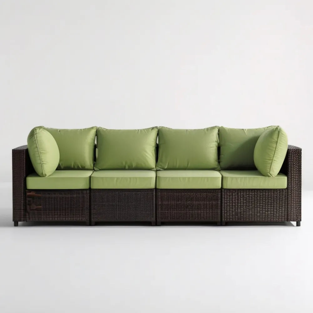 Modułowa sofa ogrodowa 4-osobowa z technorattanu PE, ciemnobrązowa z zielonymi poduszkami, 280 x 70 x 85 cm