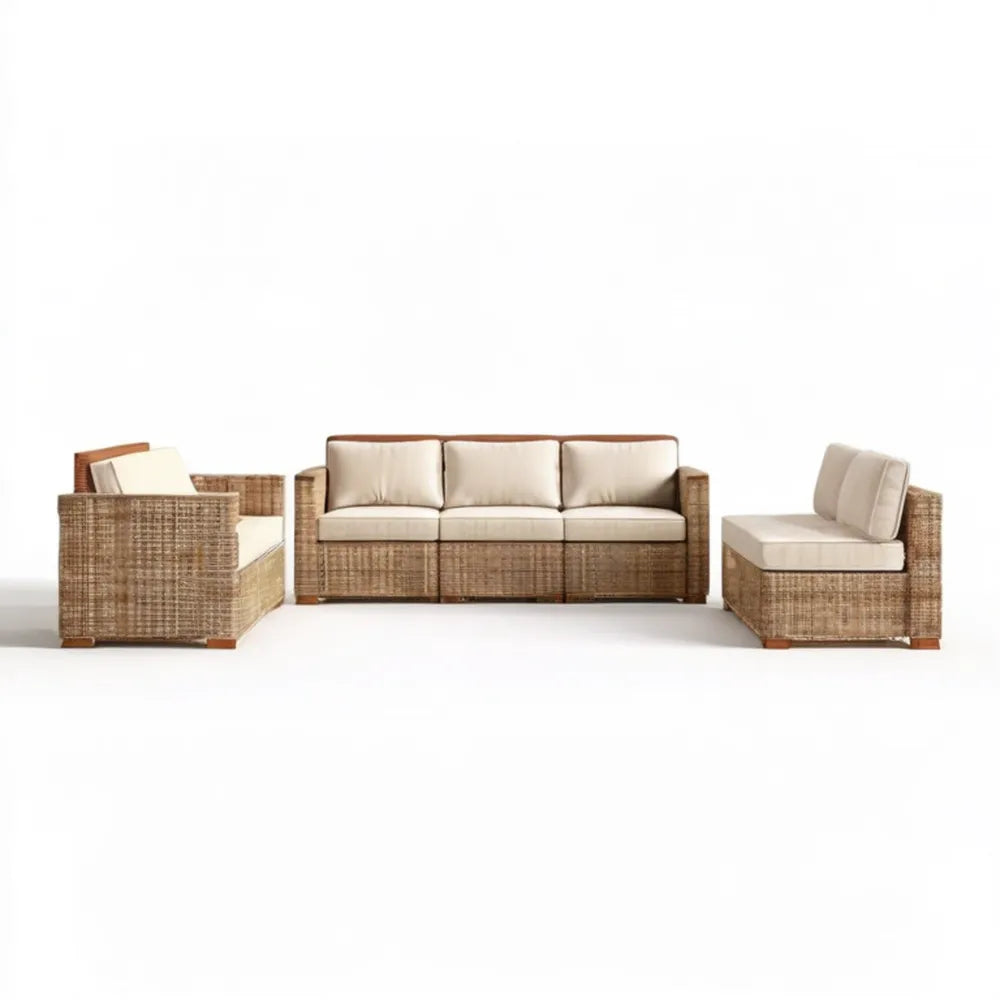 Zestaw mebli ogrodowych 3+1+1 z technorattanu PE, beżowo-brązowy, sofa 220 x 85 x 78 cm, fotele 90 x 85 x 78 cm