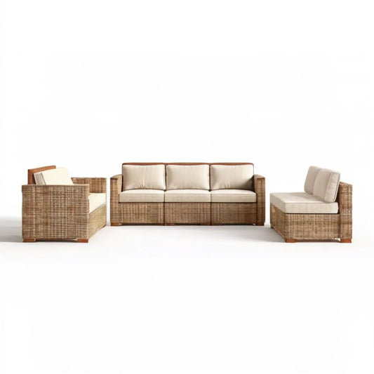 Zestaw mebli ogrodowych 3+1+1 z technorattanu PE, beżowo-brązowy, sofa 220 x 85 x 78 cm, fotele 90 x 85 x 78 cm