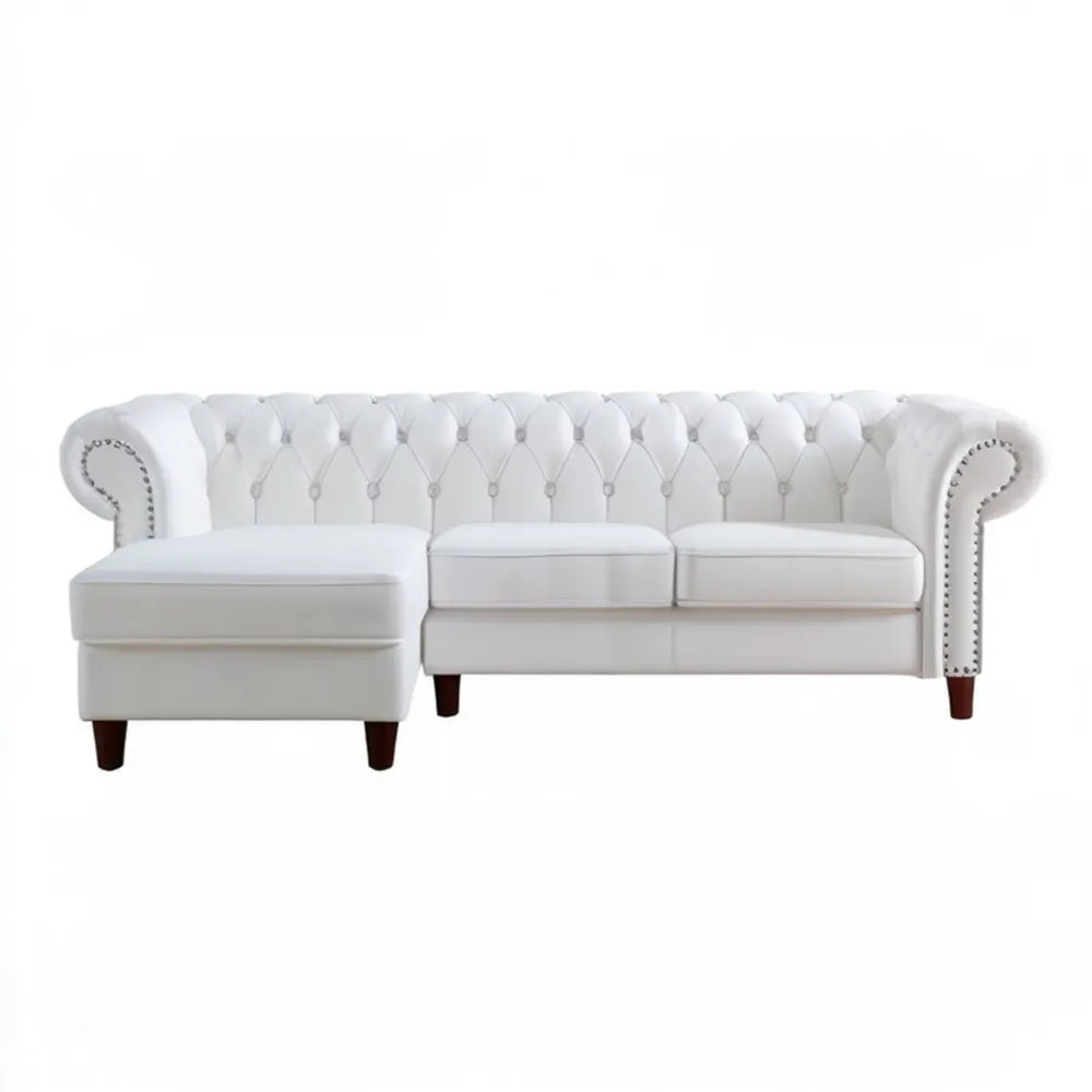 Biała narożna kanapa Chesterfield z lewostronnym szezlongiem, ekoskóra PU, 260 × 160 × 76 cm