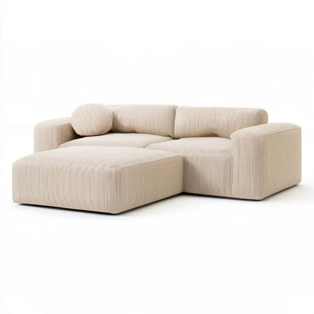 Beżowa sofa narożna z lewostronnym szezlongiem, sztruksowa, 230 x 160 x 75 cm