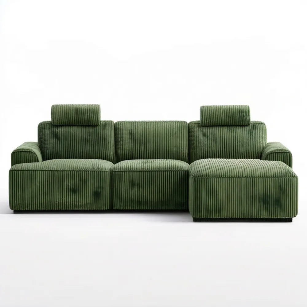 Zielona modułowa sofa narożna 3-osobowa z prawostronnym szezlongiem, sztruksowa, 280 x 100 x 85 cm