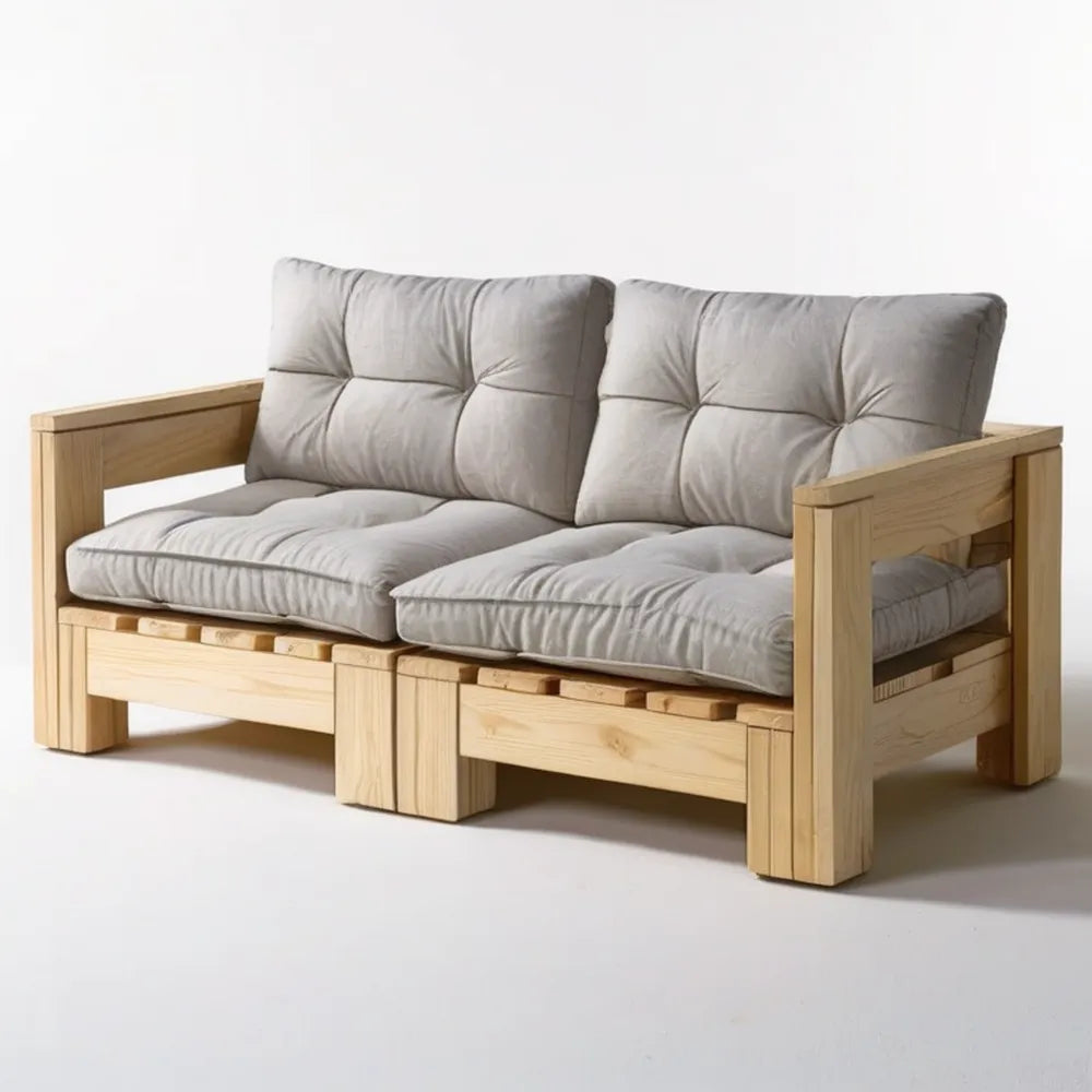 Dwuosobowa sofa z litego drewna sosnowego z jasnoszarymi poduszkami, 140 x 75 x 75 cm