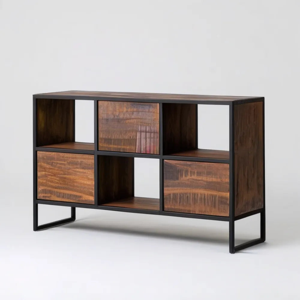 Regał biblioteczny z litego drewna mango i stali, ciemnobrązowy/czarny, 120 × 35 × 80 cm